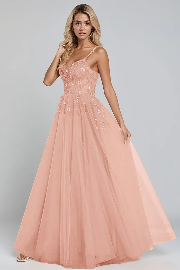 Spaghetti Straps V-neck Sleeveless Floral Appliques Long Prom Dress
