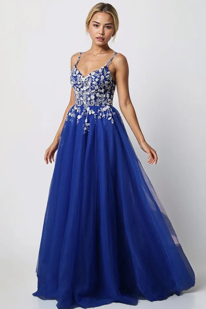 Spaghetti Straps V-neck Sleeveless Floral Appliques Long Prom Dress