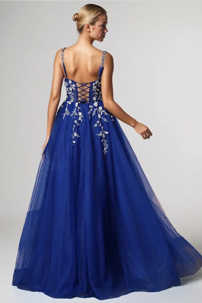 Spaghetti Straps V-neck Sleeveless Floral Appliques Long Prom Dress