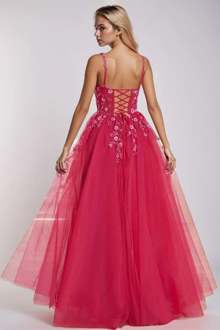 Spaghetti Straps V-neck Sleeveless Floral Appliques Long Prom Dress
