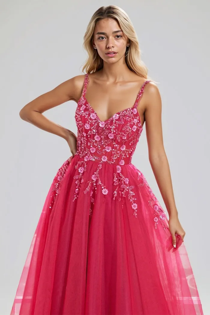 Spaghetti Straps V-neck Sleeveless Floral Appliques Long Prom Dress