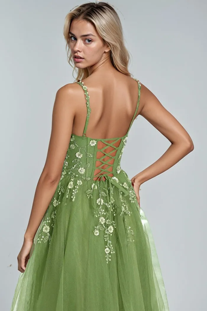 Spaghetti Straps V-neck Sleeveless Floral Appliques Long Prom Dress