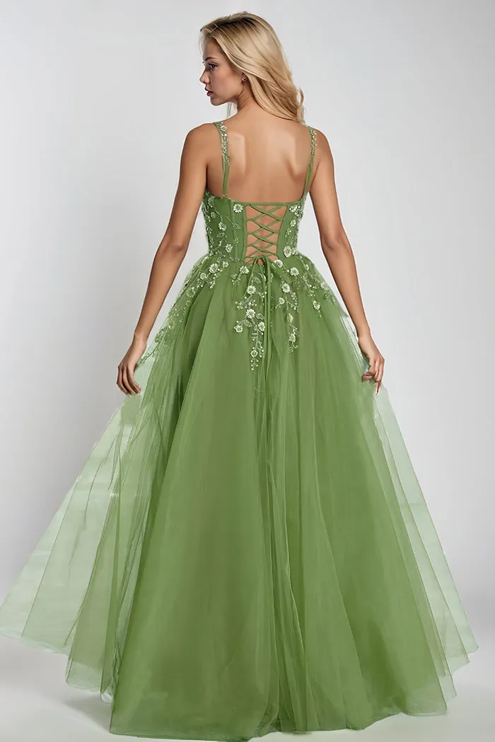 Spaghetti Straps V-neck Sleeveless Floral Appliques Long Prom Dress
