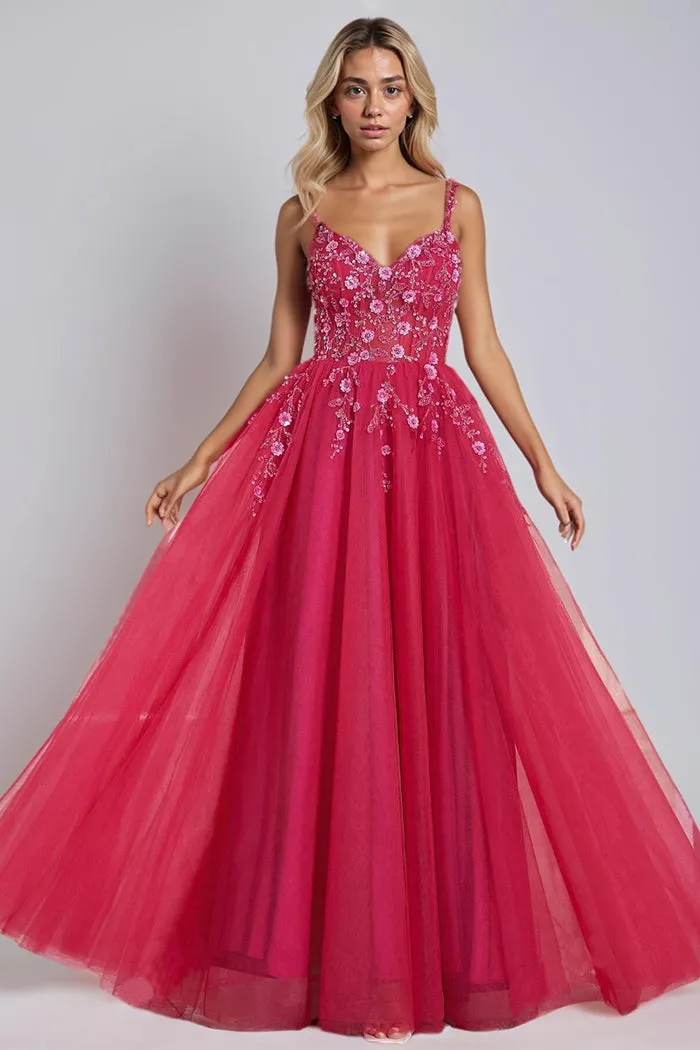 Spaghetti Straps V-neck Sleeveless Floral Appliques Long Prom Dress