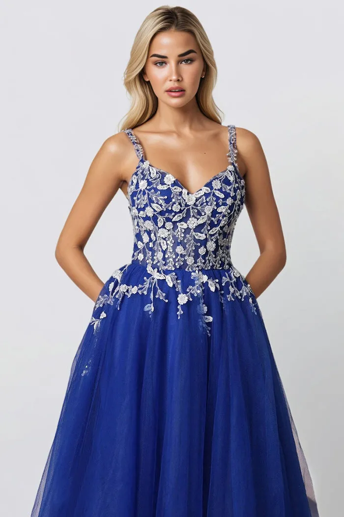 Spaghetti Straps V-neck Sleeveless Floral Appliques Long Prom Dress