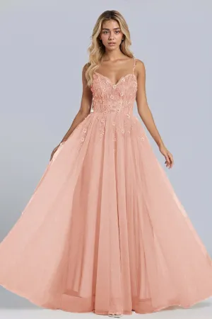 Spaghetti Straps V-neck Sleeveless Floral Appliques Long Prom Dress