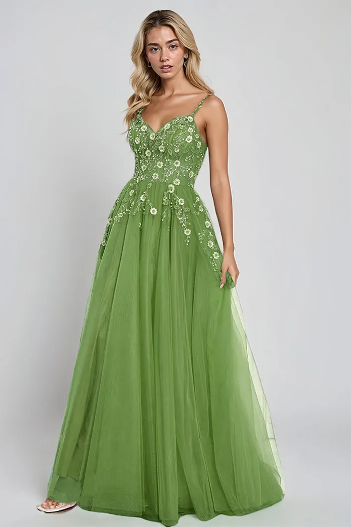 Spaghetti Straps V-neck Sleeveless Floral Appliques Long Prom Dress