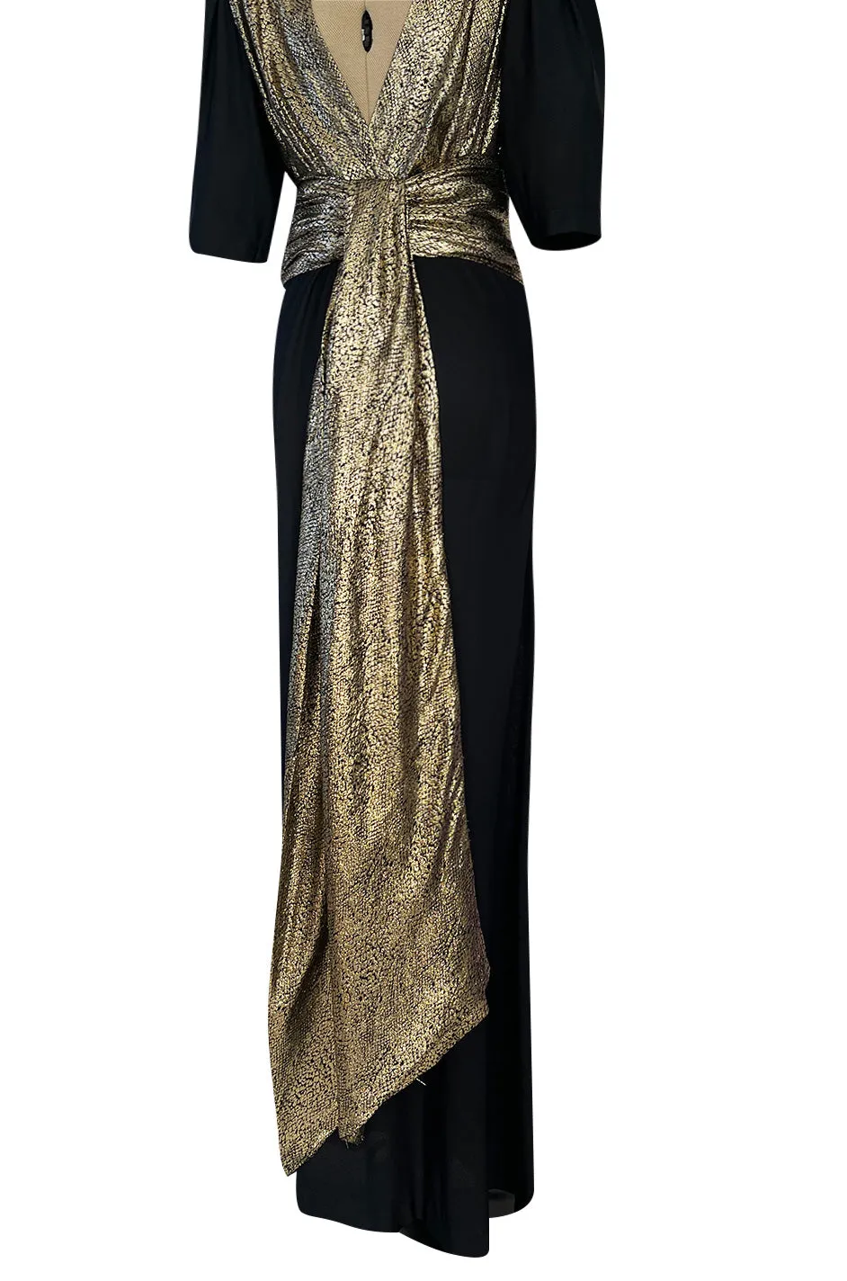 Spring 1986 Yves Saint Laurent Black Crepe & Jersey Dress w Gold Lame Front & Long Sash Belt