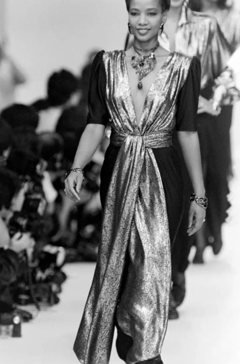 Spring 1986 Yves Saint Laurent Black Crepe & Jersey Dress w Gold Lame Front & Long Sash Belt