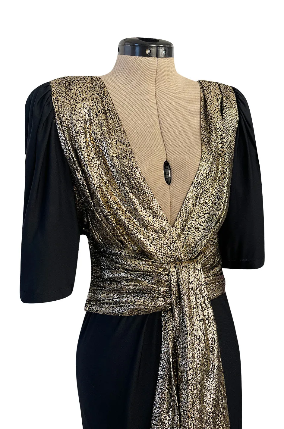 Spring 1986 Yves Saint Laurent Black Crepe & Jersey Dress w Gold Lame Front & Long Sash Belt