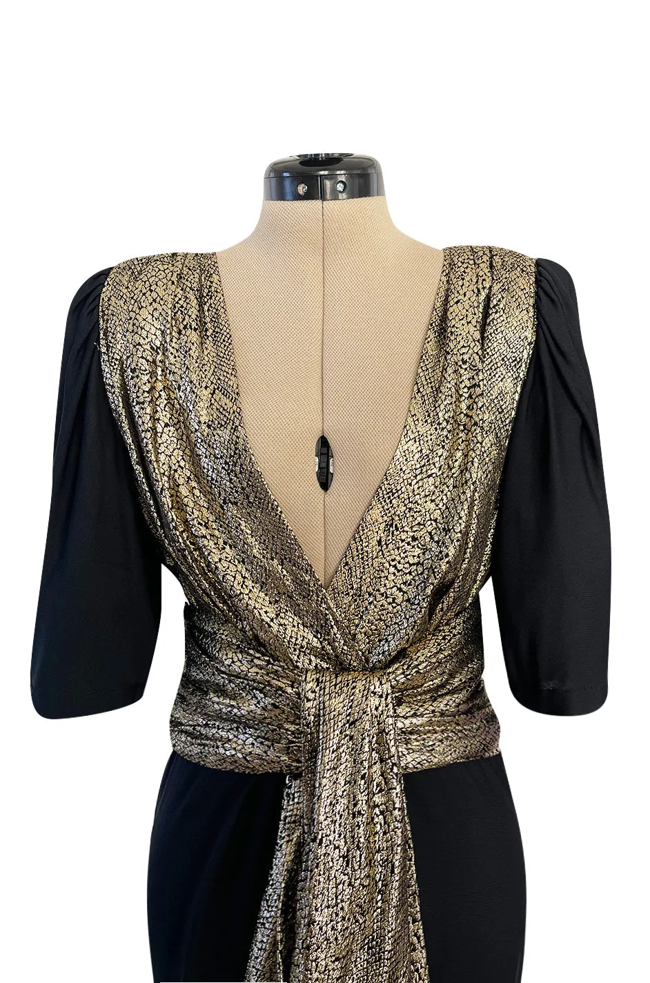 Spring 1986 Yves Saint Laurent Black Crepe & Jersey Dress w Gold Lame Front & Long Sash Belt