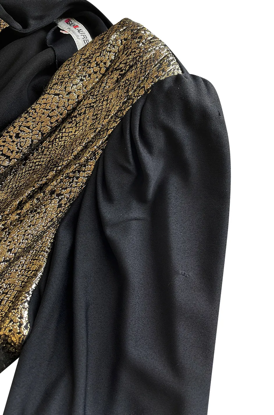 Spring 1986 Yves Saint Laurent Black Crepe & Jersey Dress w Gold Lame Front & Long Sash Belt