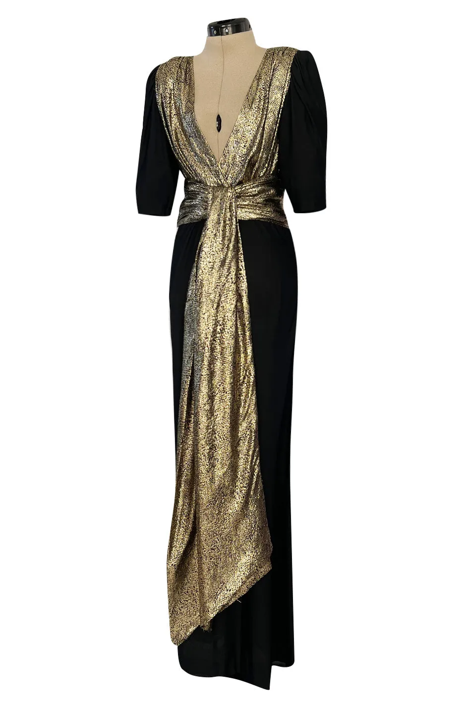 Spring 1986 Yves Saint Laurent Black Crepe & Jersey Dress w Gold Lame Front & Long Sash Belt