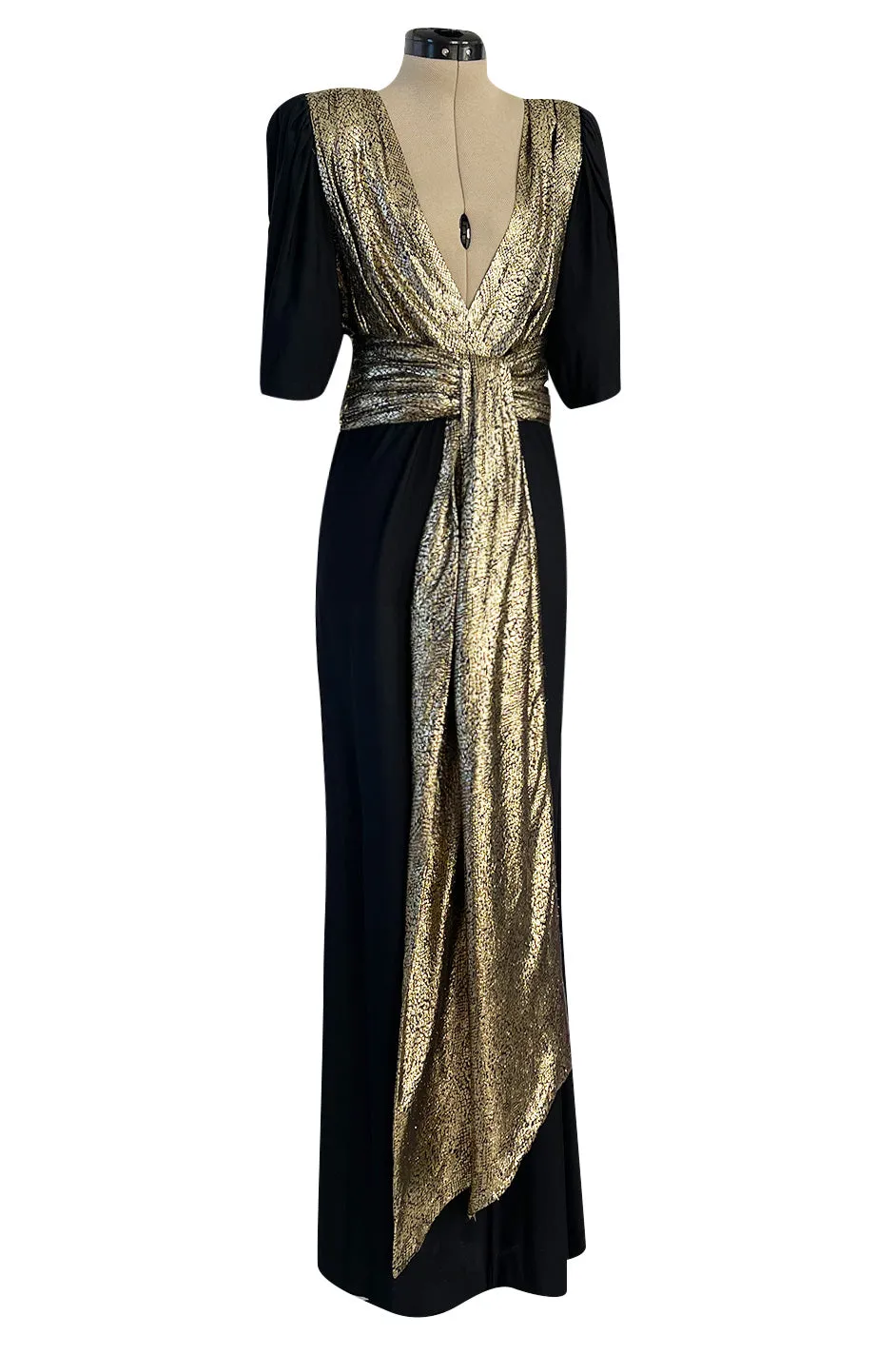 Spring 1986 Yves Saint Laurent Black Crepe & Jersey Dress w Gold Lame Front & Long Sash Belt