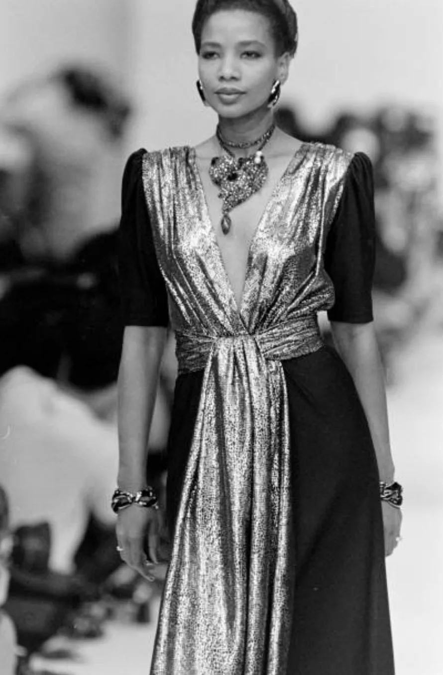 Spring 1986 Yves Saint Laurent Black Crepe & Jersey Dress w Gold Lame Front & Long Sash Belt
