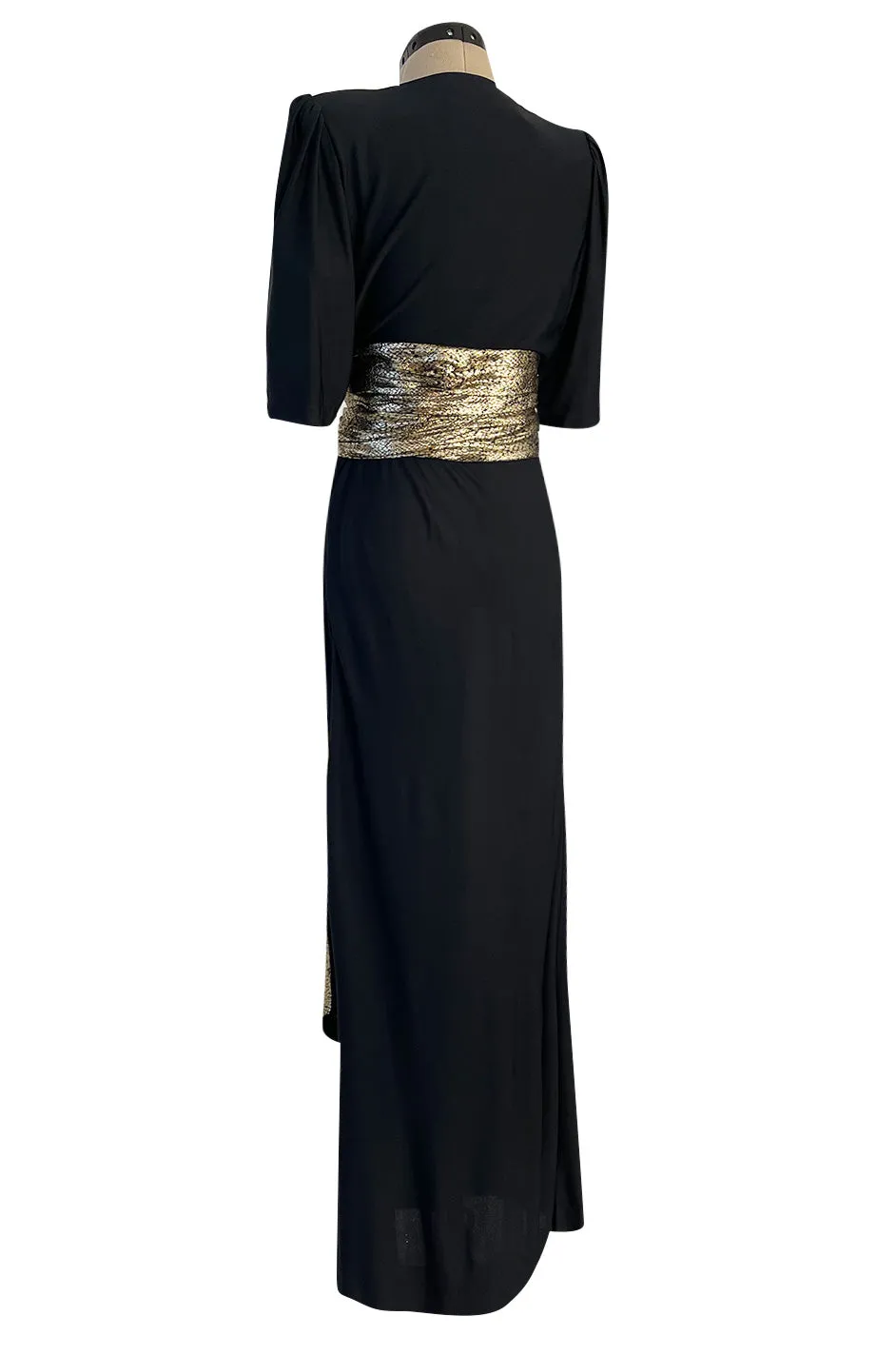 Spring 1986 Yves Saint Laurent Black Crepe & Jersey Dress w Gold Lame Front & Long Sash Belt