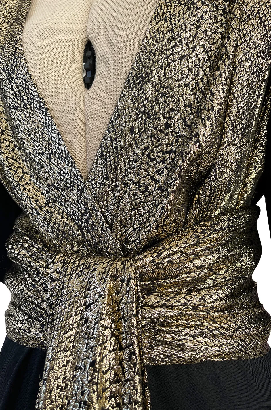 Spring 1986 Yves Saint Laurent Black Crepe & Jersey Dress w Gold Lame Front & Long Sash Belt