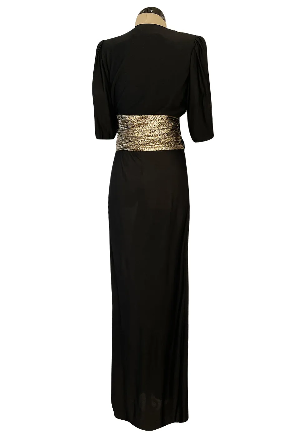 Spring 1986 Yves Saint Laurent Black Crepe & Jersey Dress w Gold Lame Front & Long Sash Belt