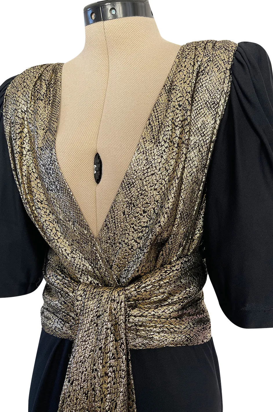 Spring 1986 Yves Saint Laurent Black Crepe & Jersey Dress w Gold Lame Front & Long Sash Belt