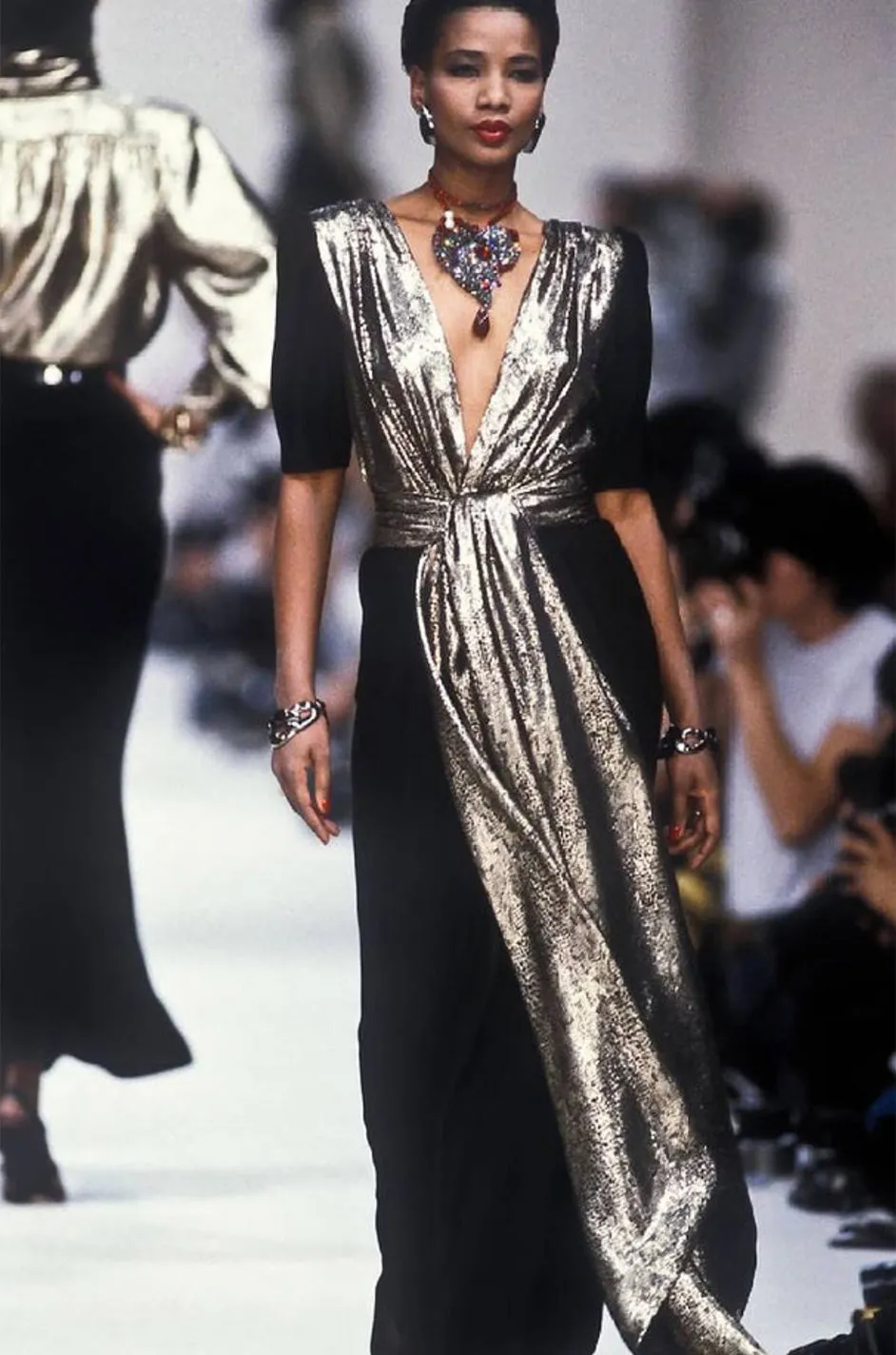 Spring 1986 Yves Saint Laurent Black Crepe & Jersey Dress w Gold Lame Front & Long Sash Belt