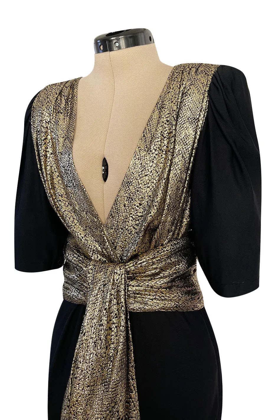 Spring 1986 Yves Saint Laurent Black Crepe & Jersey Dress w Gold Lame Front & Long Sash Belt