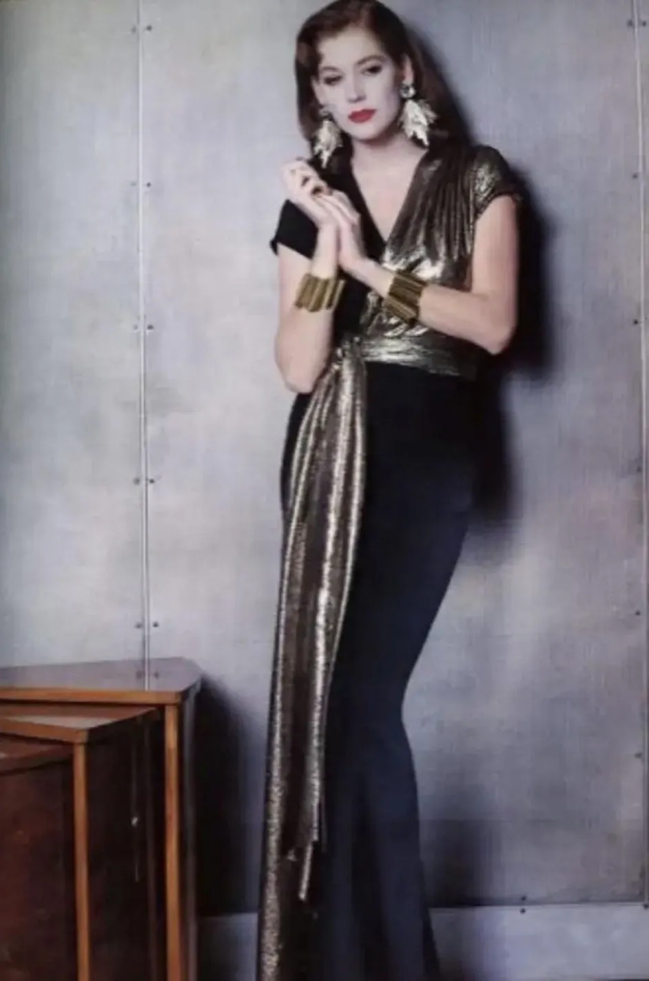 Spring 1986 Yves Saint Laurent Black Crepe & Jersey Dress w Gold Lame Front & Long Sash Belt