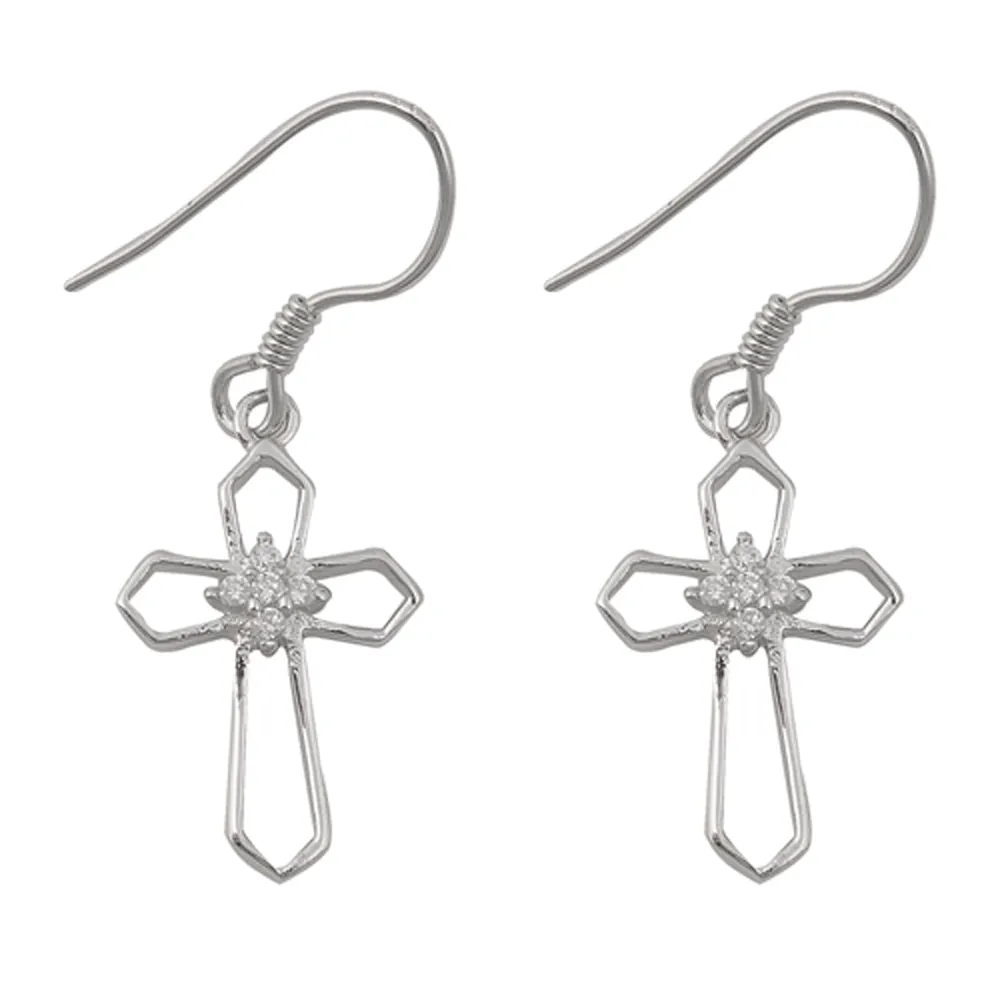 Sterling Silver Simple Geometric Cross Star Cluster Outline Earrings Clear CZ