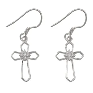 Sterling Silver Simple Geometric Cross Star Cluster Outline Earrings Clear CZ