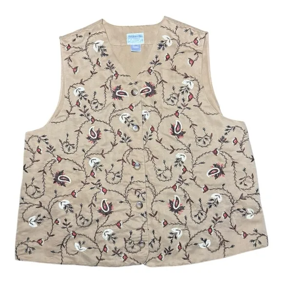 Susan Bristol Khaki Tan Paisley Embroidered Vest