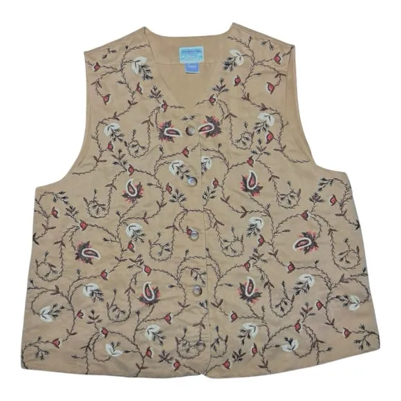 Susan Bristol Khaki Tan Paisley Embroidered Vest