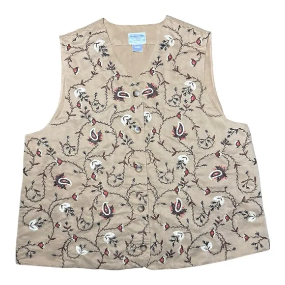 Susan Bristol Khaki Tan Paisley Embroidered Vest