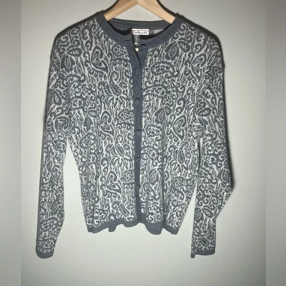 Talbots Cardigan Sweater Wool Blend Gray White Paisley Size Small Vintage NWT