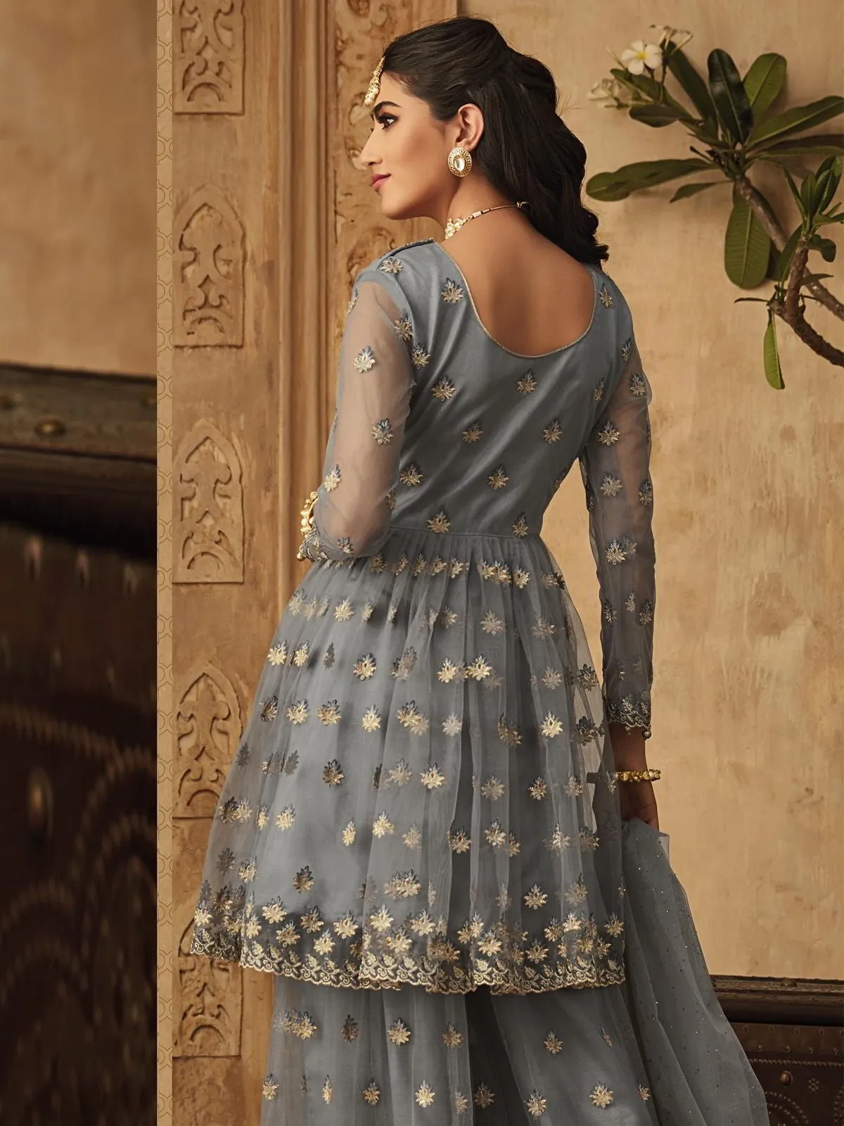 Teal Blue Golden Multi Zari Embroidered Designer Anarkali Gharara Suit