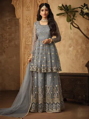 Teal Blue Golden Multi Zari Embroidered Designer Anarkali Gharara Suit