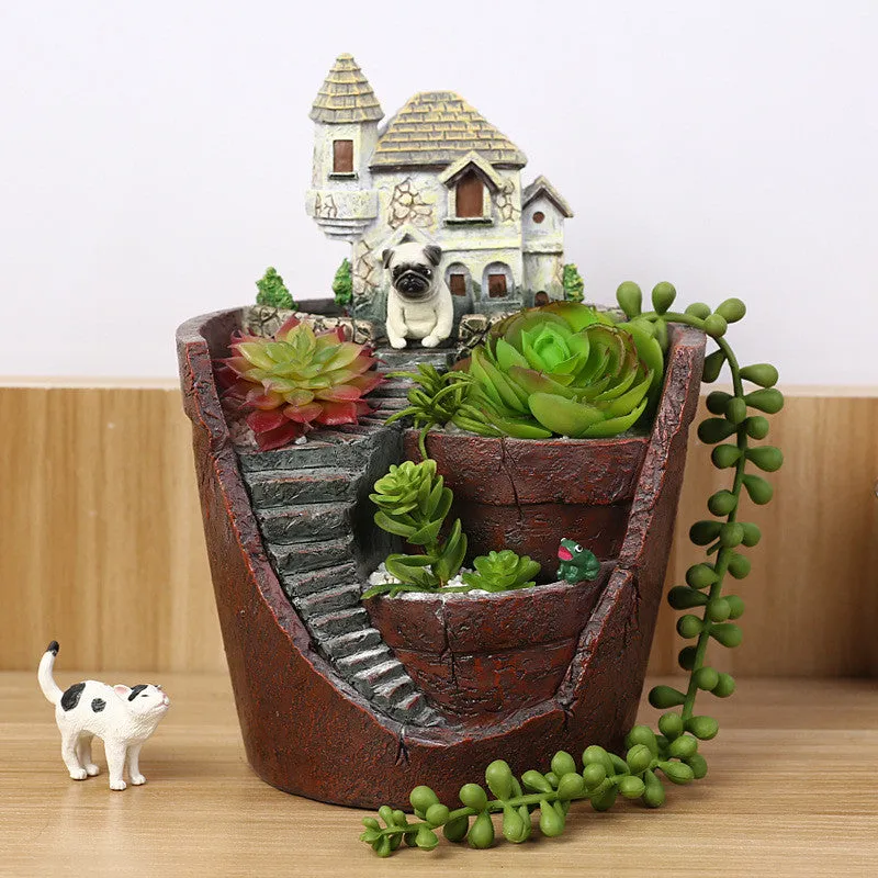 (Test product) Creative Castle House Shaped Resin Garden Pot New Novelty Bonsai Plant Flower Pot For Office Desk Decorations