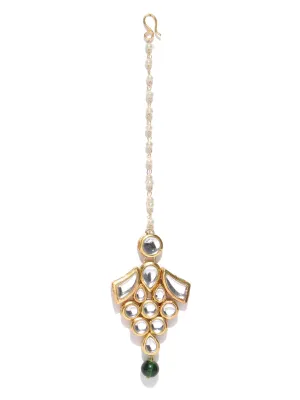 Traditional Gold Plated Green Beads Kundan Maangtikka for Women