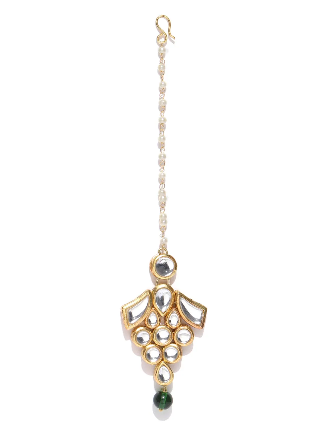 Traditional Gold Plated Green Beads Kundan Maangtikka for Women