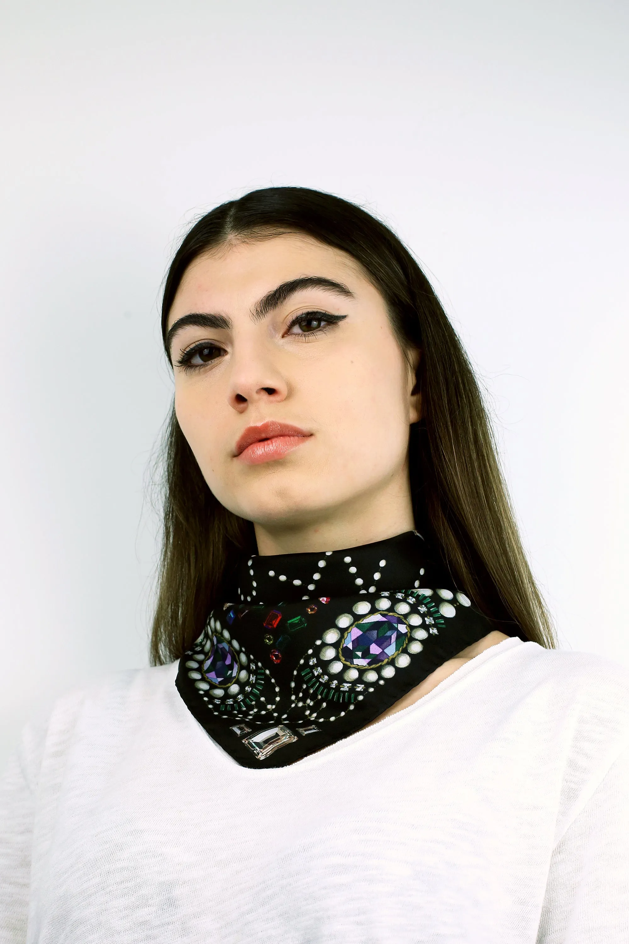 Très Brillante Black Silk Print Scarf