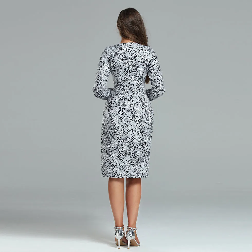 V Neck Over Knee Side Slit Print Dress