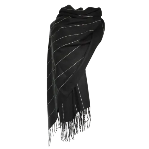 Vertical Stripe Pattern Tassel Scarf - Black