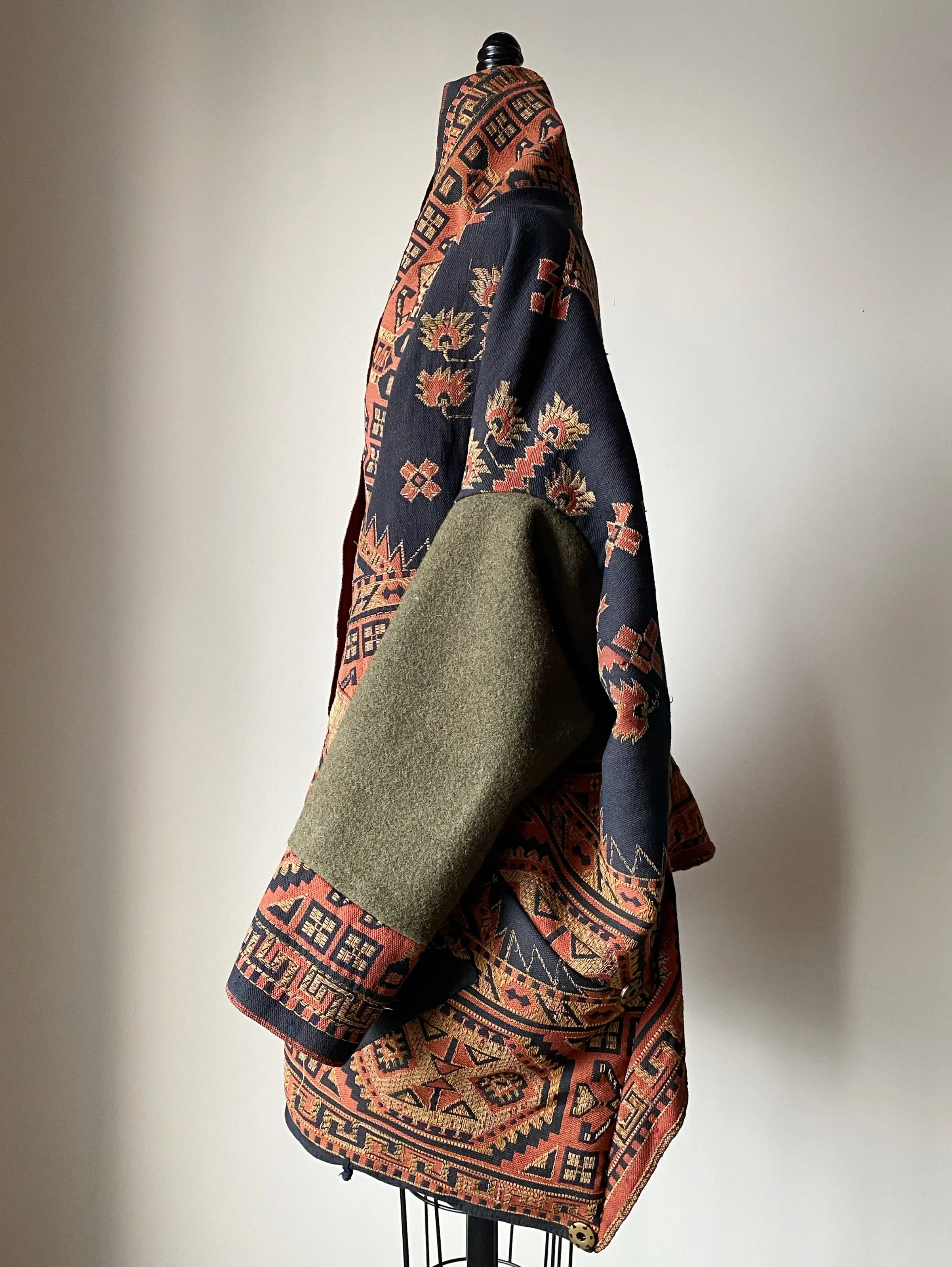 victorian jacquard and army blanket cocoon 2