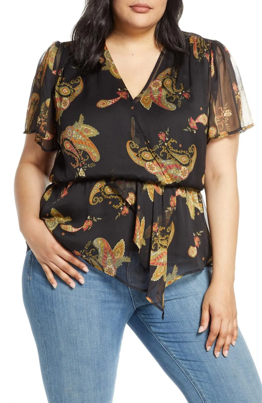 Vince Camuto Womens Plus Paisley Cinch Waist Blouse 9239070 Black Multi 1X