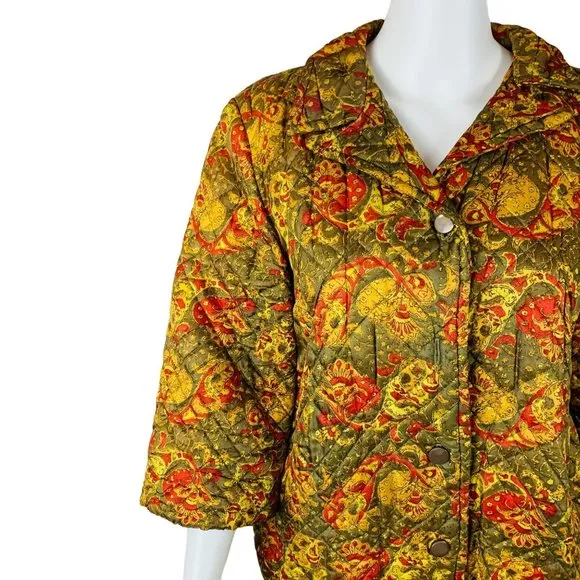 Vintage 60s Quilted Paisley Bed Jacket Red Green Mid Century Lingerie