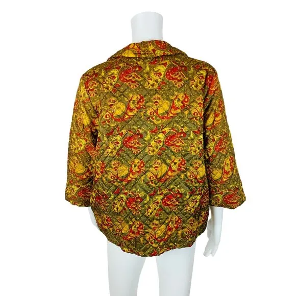 Vintage 60s Quilted Paisley Bed Jacket Red Green Mid Century Lingerie