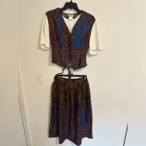 Vintage 90s Ilyza Petite Paisley Multicolor Button Up Vest T-shirt &amp; Skirt Set