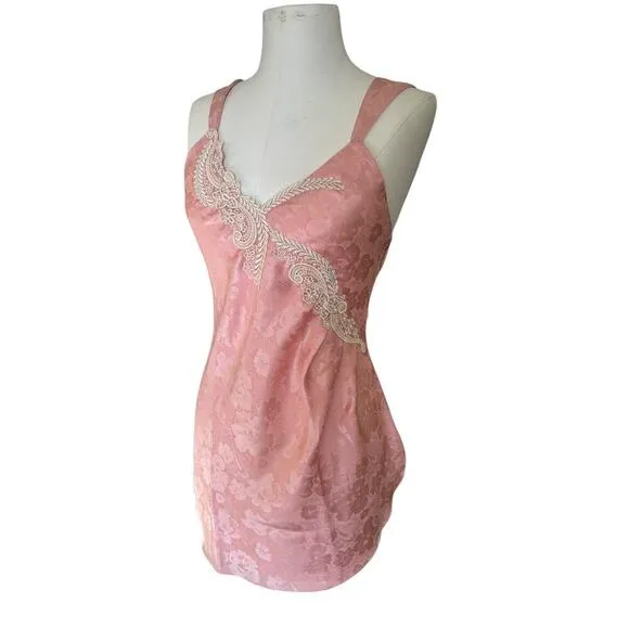 Vintage 90s Victorias Secret Gold Label Pink Nightie Lingerie Night Dress Lace S