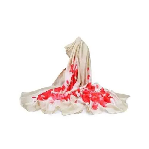 Vintage Blooming Floral Pattern Silky Shawl Scarf - Light Gray
