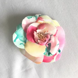 Vintage CHANEL colorful, watercolor print silk camellia flower brooch pin. Very chic and cute. Chanel iconic flower jewelry. 050323re5