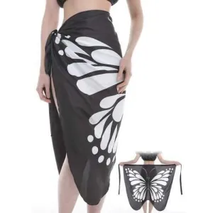 Vintage Flying Butterfly Pattern Silky Shawl Scarf - Black