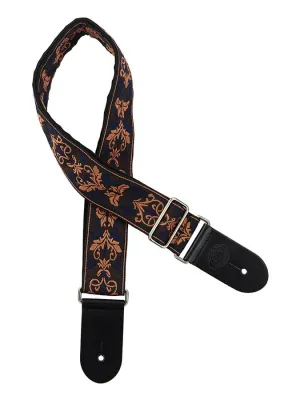 Vintage Jacquard Weave Premium Guitar Strap Cotton/Leather - Black/Blue/Orange